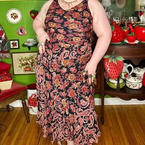 Vintage Whimsigoth Boho Grunge Fairycore Brown Orange Paisley Floral Maxi Dress